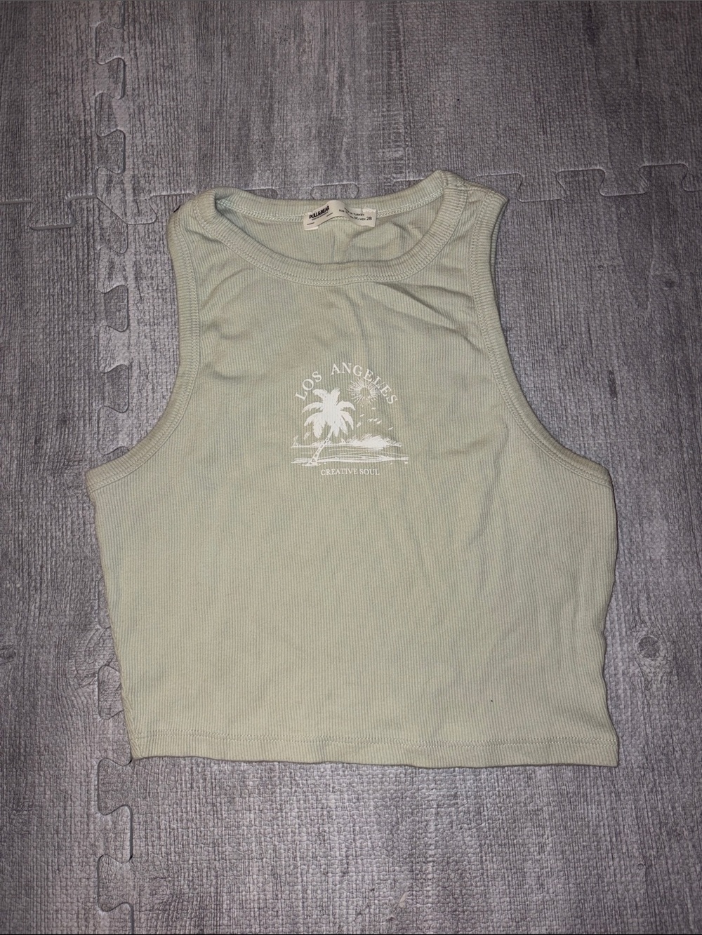 Pull&Bear Sage Green Ribbed Palm Graphic Cropped Tank